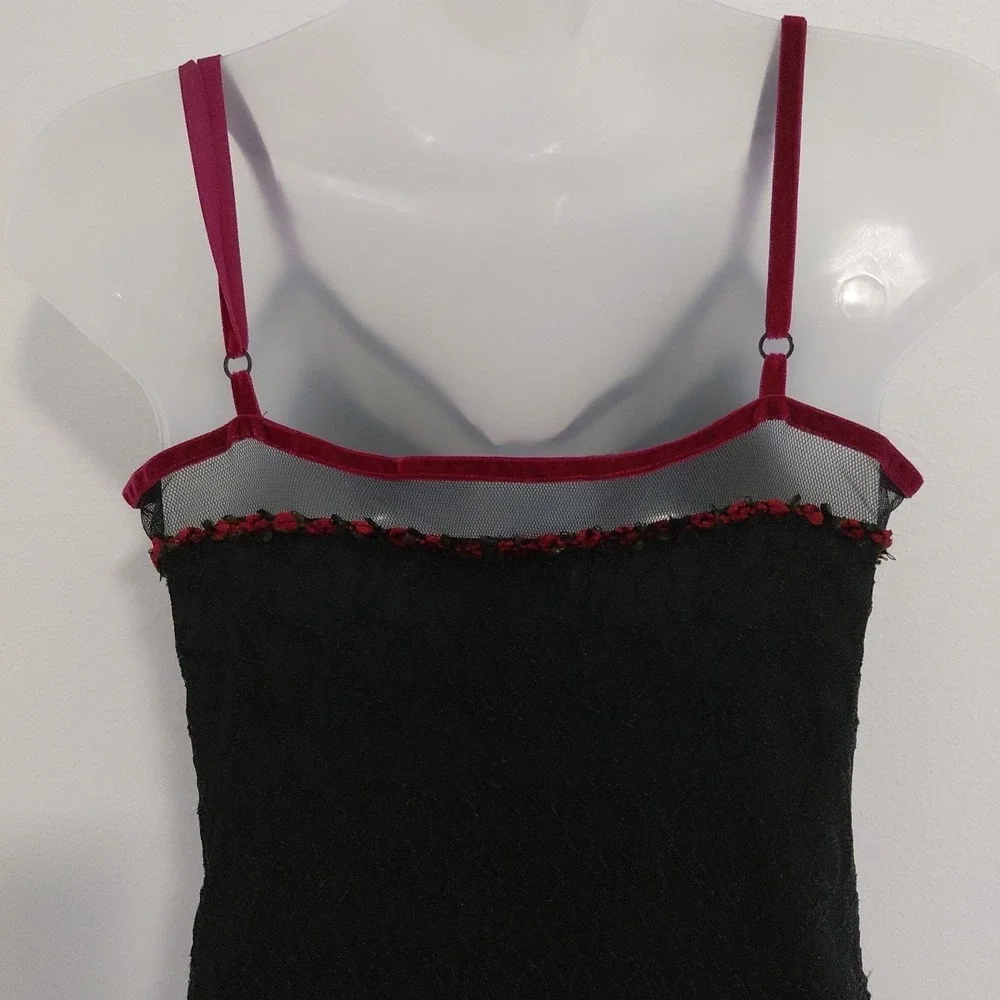 VTG Betsey Johnson Slip Dress Black Lace Rose Ditsy Neckline Velvet Trim Large - Picture 6 of 16